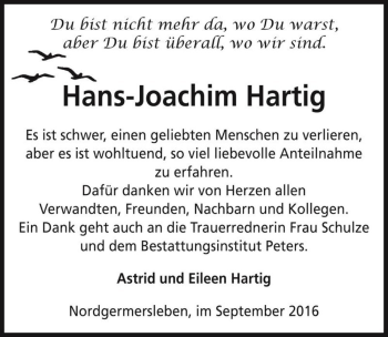 Traueranzeige von Hans-Joachim Hartig  von Magdeburger Volksstimme