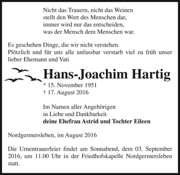 Traueranzeige von Hans-Joachim Hartig  von Magdeburger Volksstimme