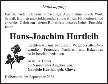 Traueranzeige von Hans-Joachim Hartleib  von Magdeburger Volksstimme