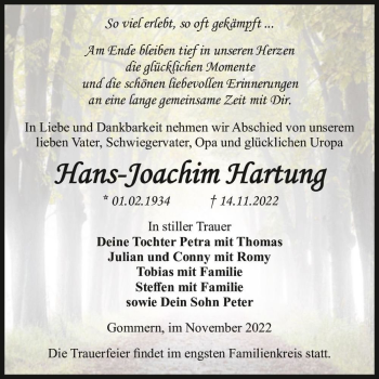 Traueranzeige von Hans-Joachim Hartung  von Magdeburger Volksstimme