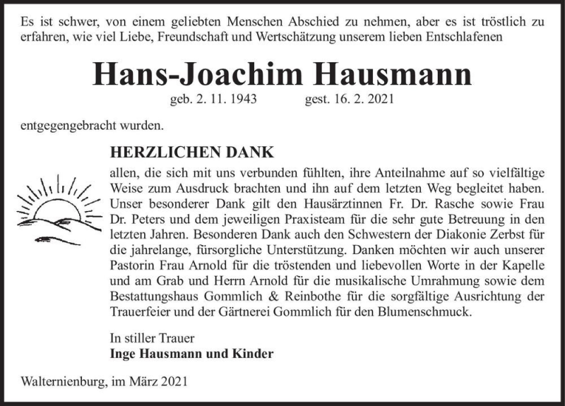  Traueranzeige für Hans-Joachim Hausmann  vom 20.03.2021 aus Magdeburger Volksstimme
