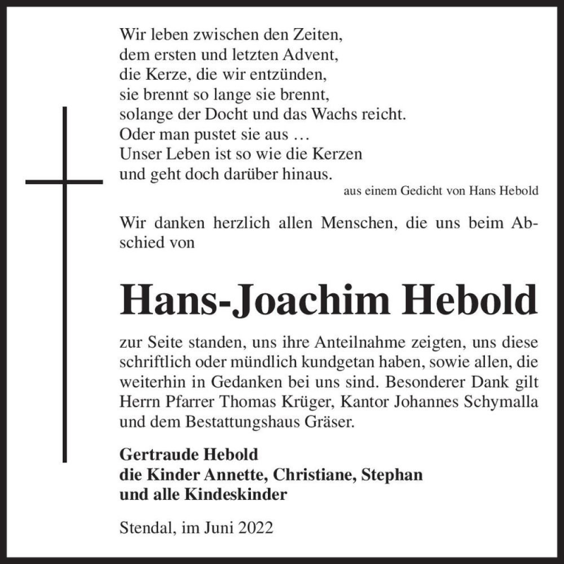  Traueranzeige für Hans-Joachim Hebold  vom 01.06.2022 aus Magdeburger Volksstimme