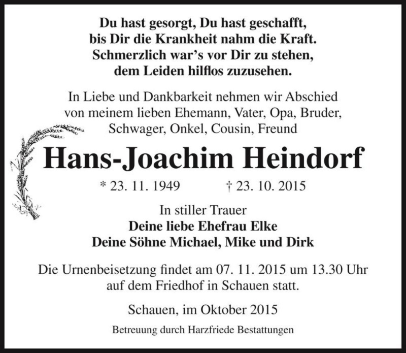  Traueranzeige für Hans-Joachim Heindorf  vom 30.10.2015 aus Magdeburger Volksstimme