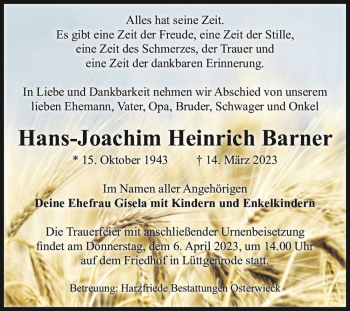 Traueranzeige von Hans-Joachim Heinrich Barner  von Magdeburger Volksstimme
