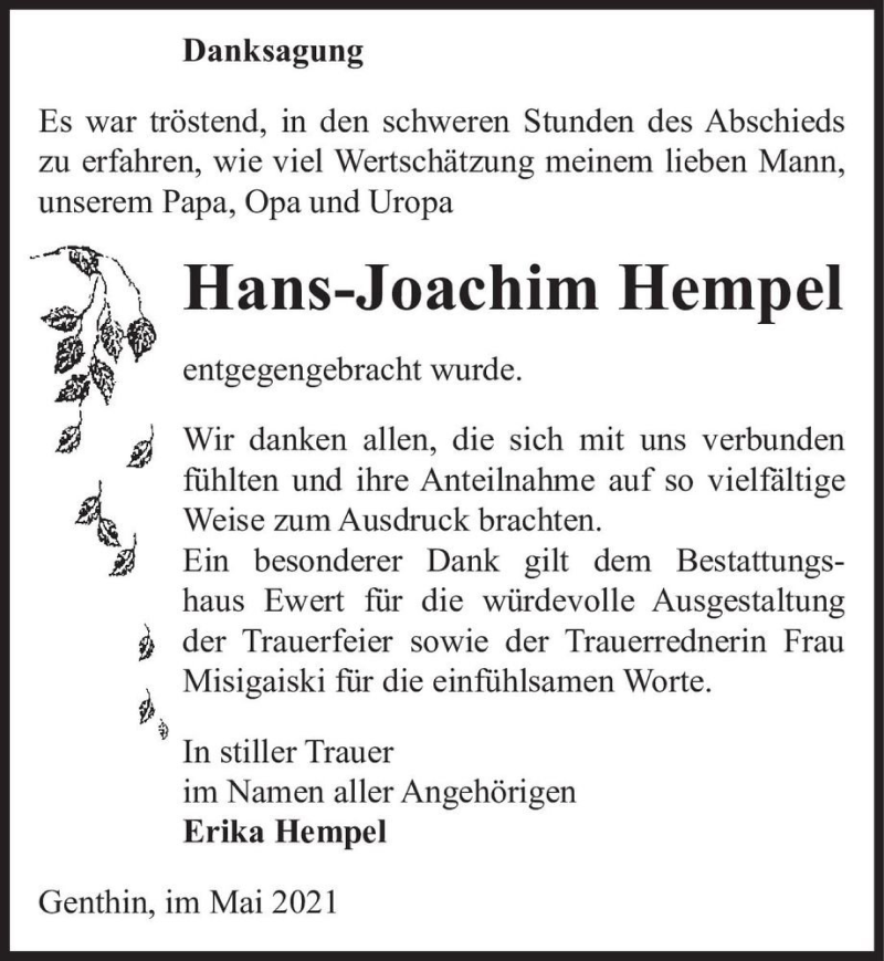  Traueranzeige für Hans-Joachim Hempel  vom 29.05.2021 aus Magdeburger Volksstimme