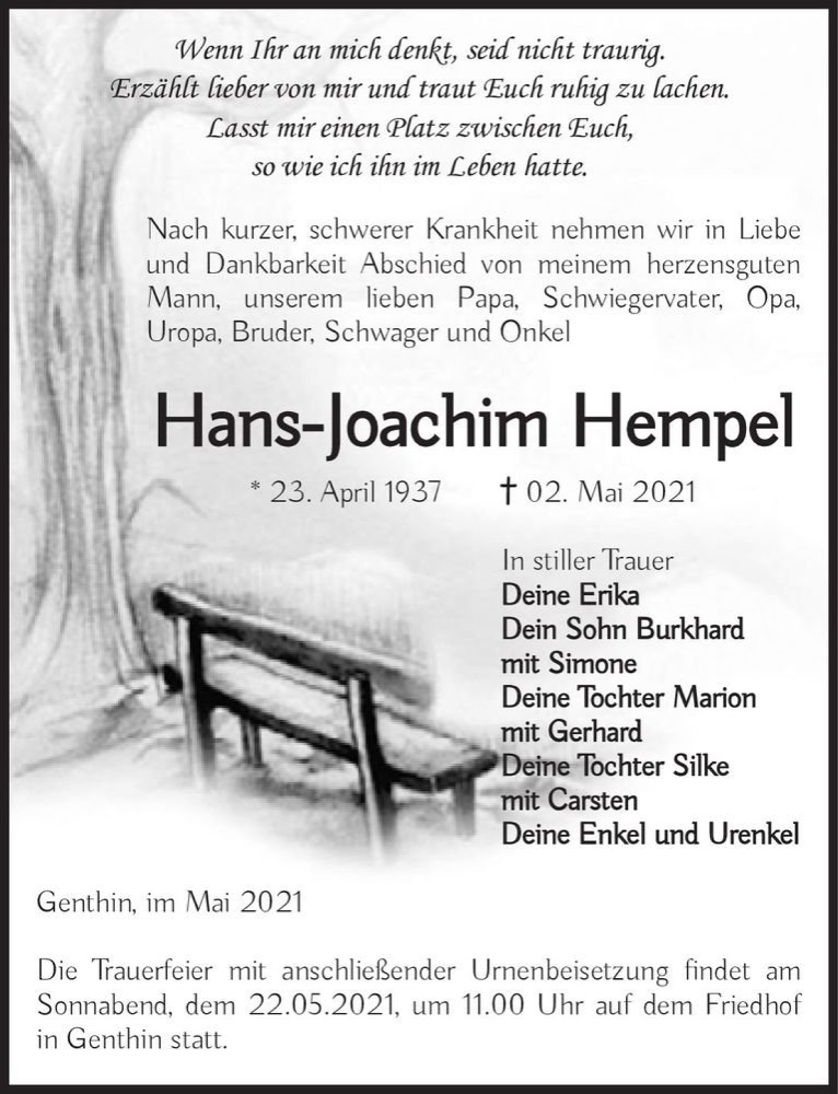  Traueranzeige für Hans-Joachim Hempel  vom 08.05.2021 aus Magdeburger Volksstimme