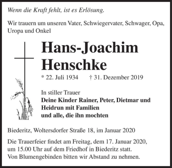 Traueranzeige von Hans-Joachim Henschke  von Magdeburger Volksstimme