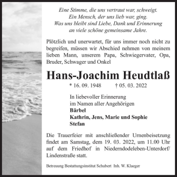 Traueranzeige von Hans-Joachim Heudtlaß  von Magdeburger Volksstimme