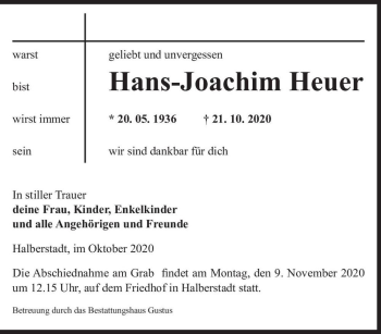 Traueranzeige von Hans-Joachim Heuer  von Magdeburger Volksstimme