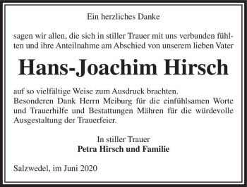 Traueranzeige von Hans-Joachim Hirsch  von Magdeburger Volksstimme