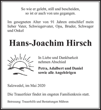 Traueranzeige von Hans-Joachim Hirsch  von Magdeburger Volksstimme
