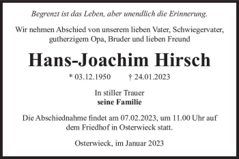 Traueranzeige von Hans-Joachim Hirsch  von Magdeburger Volksstimme