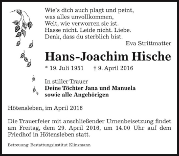 Traueranzeige von Hans-Joachim Hische  von Magdeburger Volksstimme