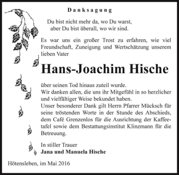 Traueranzeige von Hans-Joachim Hische  von Magdeburger Volksstimme