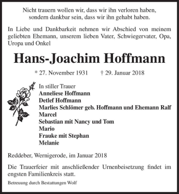 Traueranzeige von Hans-Joachim Hoffmann  von Magdeburger Volksstimme