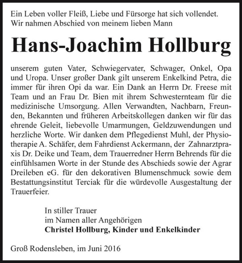  Traueranzeige für Hans-Joachim Hollburg  vom 11.06.2016 aus Magdeburger Volksstimme