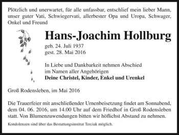 Traueranzeige von Hans-Joachim Hollburg  von Magdeburger Volksstimme