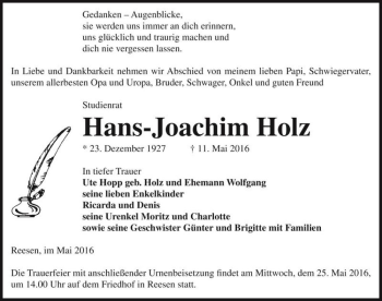 Traueranzeige von Hans-Joachim Holz  von Magdeburger Volksstimme