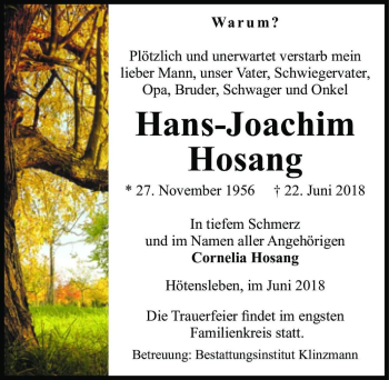 Traueranzeige von Hans-Joachim Hosang  von Magdeburger Volksstimme
