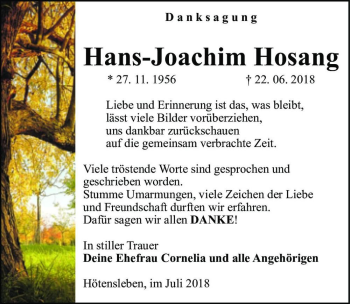 Traueranzeige von Hans-Joachim Hosang  von Magdeburger Volksstimme