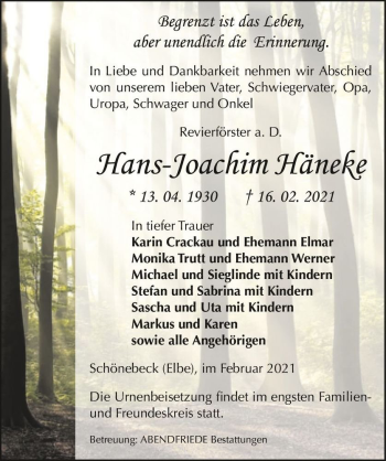 Traueranzeige von Hans-Joachim Häneke  von Magdeburger Volksstimme