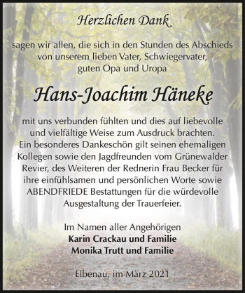 Traueranzeige von Hans-Joachim Häneke  von Magdeburger Volksstimme