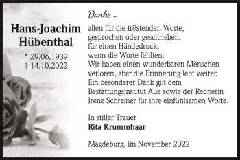 Traueranzeige von Hans-Joachim Hübenthal  von Magdeburger Volksstimme