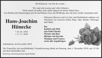 Traueranzeige von Hans-Joachim Hünecke  von Magdeburger Volksstimme