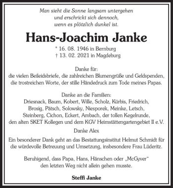 Traueranzeige von Hans-Joachim Janke  von Magdeburger Volksstimme