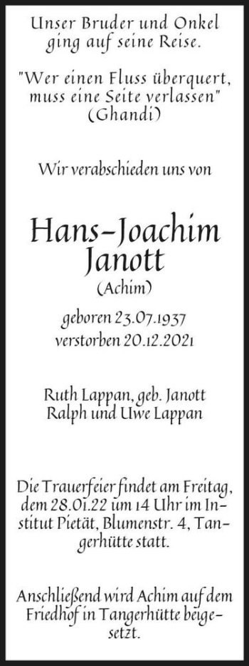 Traueranzeige von Hans-Joachim Janott (Achim)  von Magdeburger Volksstimme