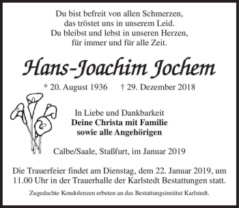 Traueranzeige von Hans-Joachim Jochem  von Magdeburger Volksstimme