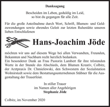 Traueranzeige von Hans-Joachim Jöde  von Magdeburger Volksstimme