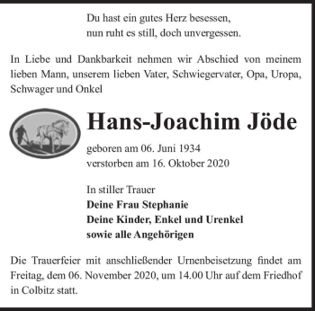 Traueranzeige von Hans-Joachim Jöde  von Magdeburger Volksstimme