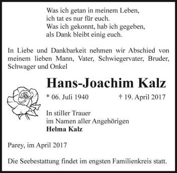 Traueranzeige von Hans-Joachim Kalz  von Magdeburger Volksstimme