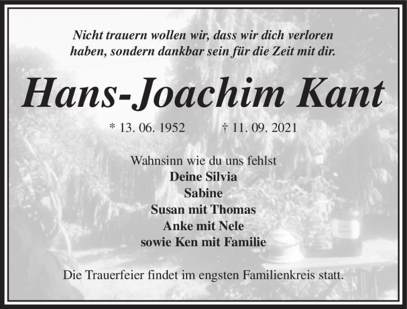  Traueranzeige für Hans-Joachim Kant  vom 18.09.2021 aus Magdeburger Volksstimme