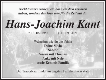Traueranzeige von Hans-Joachim Kant  von Magdeburger Volksstimme