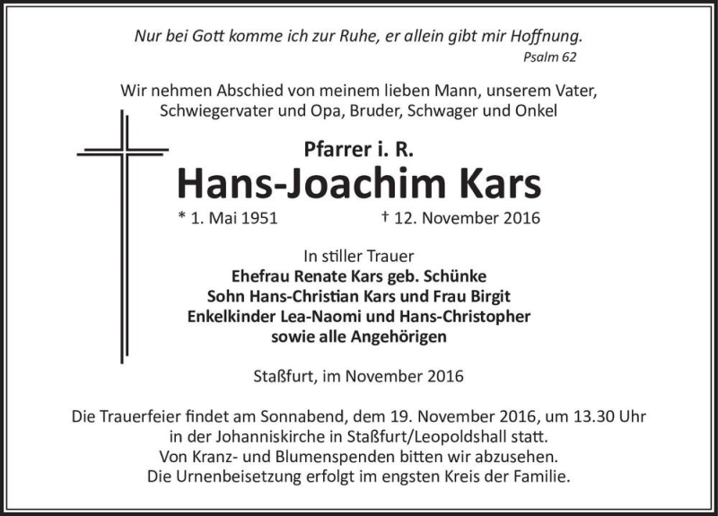 Traueranzeige für Hans-Joachim Kars  vom 16.11.2016 aus Magdeburger Volksstimme