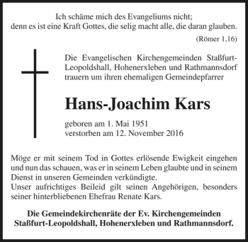 Traueranzeige von Hans-Joachim Kars  von Magdeburger Volksstimme