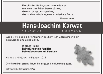 Traueranzeige von Hans-Joachim Karwat  von Magdeburger Volksstimme