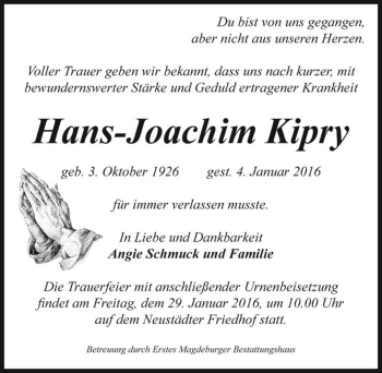 Traueranzeige von Hans-Joachim Kipry  von Magdeburger Volksstimme