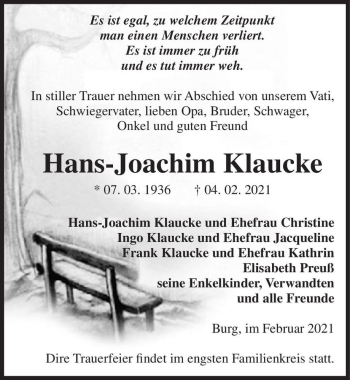 Traueranzeige von Hans-Joachim Klaucke  von Magdeburger Volksstimme