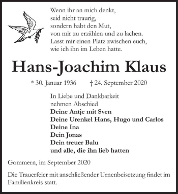 Traueranzeige von Hans-Joachim Klaus  von Magdeburger Volksstimme