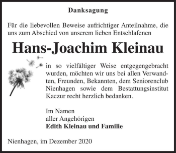 Traueranzeige von Hans-Joachim Kleinau  von Magdeburger Volksstimme