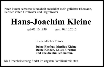 Traueranzeige von Hans-Joachim Kleine  von Magdeburger Volksstimme