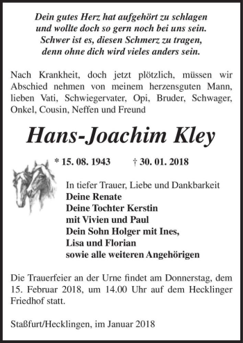 Traueranzeige von Hans-Joachim Kley  von Magdeburger Volksstimme