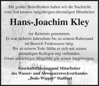 Traueranzeige von Hans-Joachim Kley  von Magdeburger Volksstimme