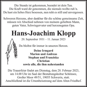 Traueranzeige von Hans-Joachim Klopp  von Magdeburger Volksstimme