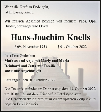 Traueranzeige von Hans-Joachim Knells  von Magdeburger Volksstimme