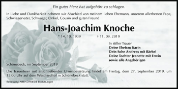 Traueranzeige von Hans-Joachim Knoche  von Magdeburger Volksstimme