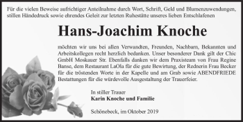 Traueranzeige von Hans-Joachim Knoche  von Magdeburger Volksstimme